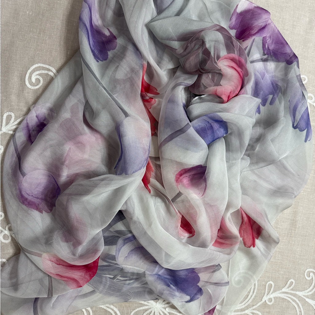 Floral Sheer Silk Scarf  Purple And Pink